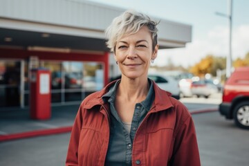 Portrait of a middle aged Caucasian female gas station worker at the gas station - obrazy, fototapety, plakaty