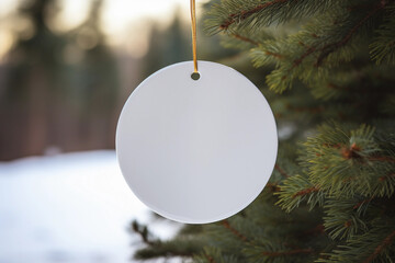 A white round ceramic Christmas ornament hangs from a green Christmas tree branch. Festive...