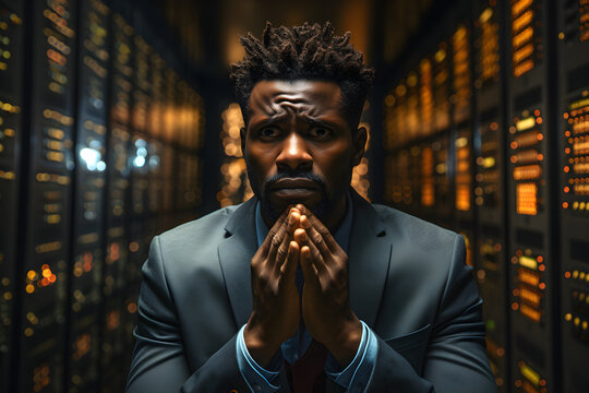 Young African American man with a stressed face Work diligently in a large server room. The digital world is changing rapidly all the time, he was one of the people who helped make that change happen. - Powered by Adobe