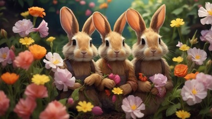 Beautiful rabbits  are in colorful flowers garden