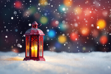 A red Christmas lantern with a candle inside stands in the snow. Winter background with blurred colorful lights and copy space.
