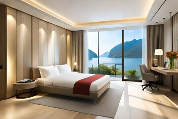 Modern Hotel Room With Twin Bed Suite illuminated with warm lights