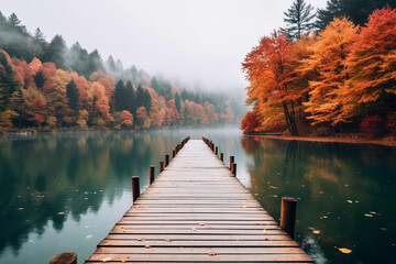 A dock with wooden path on a lake with autumn forest landscape. Beautiful fall nature background, calm blue water in the river.