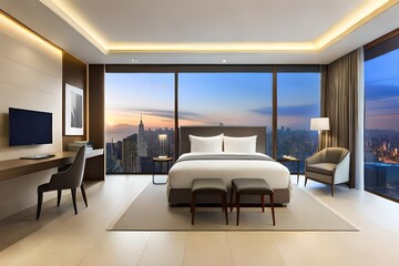 Modern Hotel Room With Twin Bed Suite illuminated with warm lights