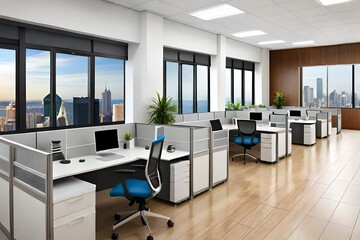 Panoramic company office cubicles in city