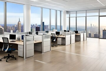 modern office interior Panoramic company office cubicles in city