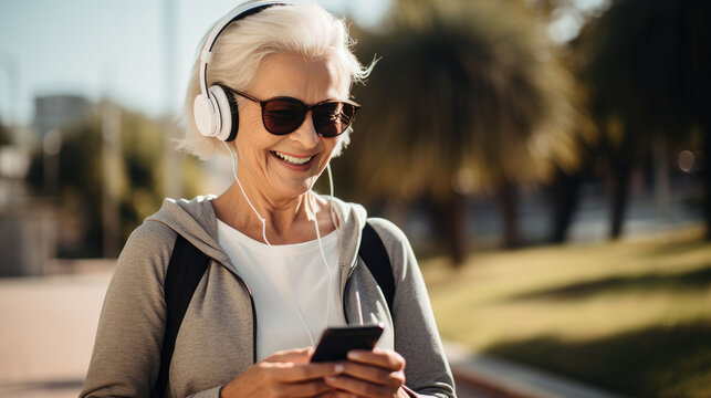Senior woman fitness and music earphones for workout Generative Ai