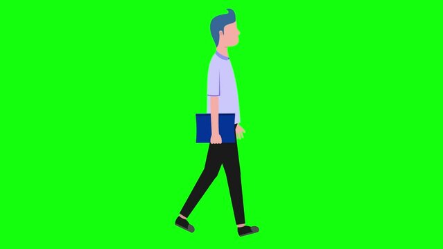 Animation of a male character walking carrying a book with a greenscreen