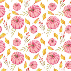 Elegant floral Seamless pattern with watercolor pumpkins. Thanksgiving Background. Watercolor Pumpkin Seamless Background 