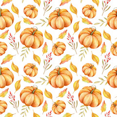 Elegant floral Seamless pattern with watercolor pumpkins. Thanksgiving Background. Watercolor Pumpkin Seamless Background 