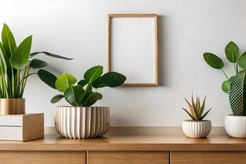 Scandinavian room interior with mock up photo frame on the brown bamboo shelf with beautiful plants in differents hipster and design pots. 