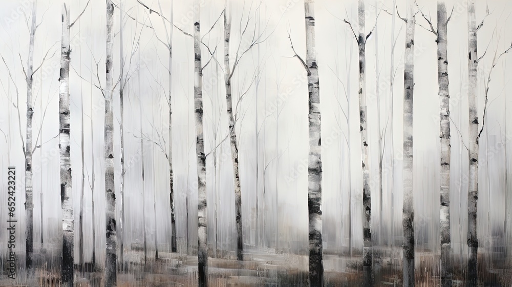 Poster a painting of a group of trees in a forest with white and gray colors. generative ai