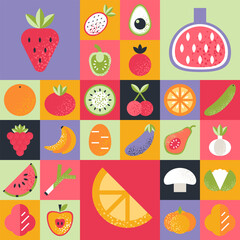 Abstract geometric pattern. Fruits and vegetables in Bauhaus style.