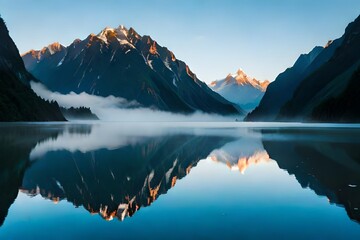 New Zealand, Westland District, Fox Glacier, Lake Matheson at dawn with mountains shrouded in fog in background - 652423219