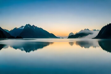 Fototapeta na wymiar New Zealand's Westland District, Fox Glacier, and Lake Matheson before sunrise with mountains cloaked in fog in the backdrop