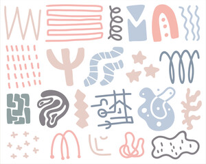 creative set of hand drawings, fun shapes, pastel colors