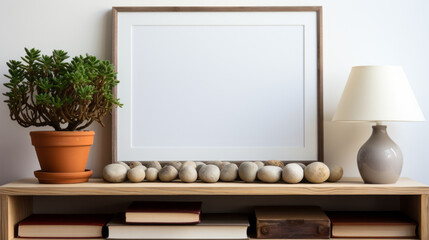 Fototapeta premium Stylish living room interior with mock up frame, wooden bench, decorations and books.