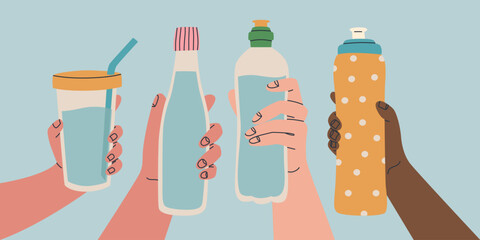 Reusable water container. Various poses of hands holding bottle, tumbler, sports water bottle. Use your own bottle. Vector isolated illustration for design.