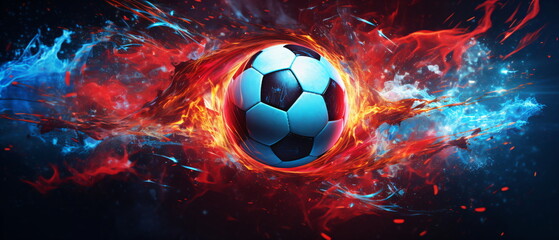 Fiery Soccer Ball In Goal In red and blue Flames, soccer ball in red and blue flames and smoke light background. creative sport wallpaper Generative AI
