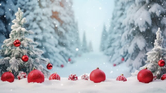 a snow scene with trees and red Holiday ornaments in a horizontal format, a Christmas-themed image as a JPG.