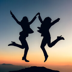 Full Length Body Portrait Silhouette of Two Excited Cheerful Businesswomen Girls Holding Hands Celebrating Jumping Together on Top of a Mountain with Morning Sky Sunrise Working Together is Successful