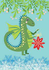 Christmas card with cute green dragon. Year of the Dragon 2024, China