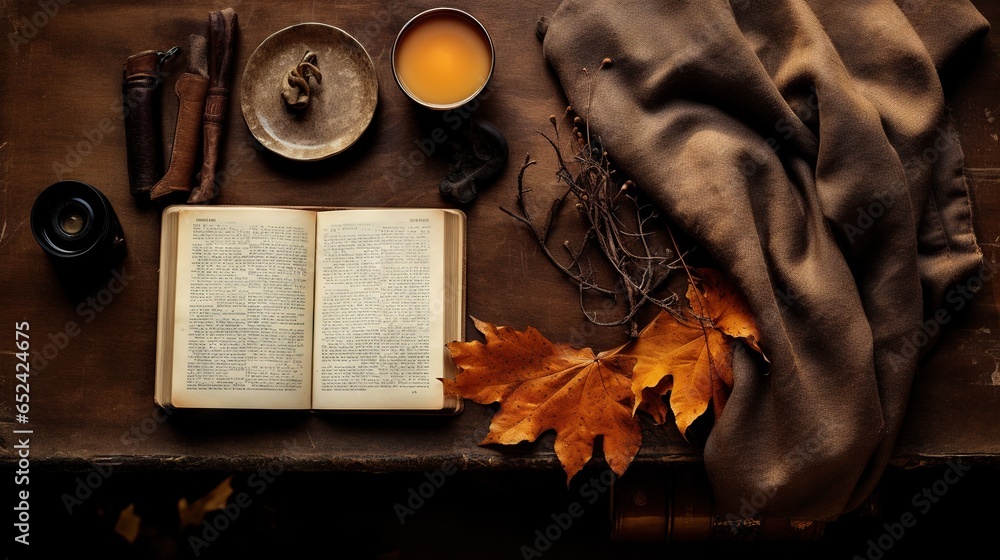 Poster an open book sitting on top of a table next to a cup of tea. generative ai