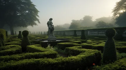 Fotobehang formal English garden, meticulously pruned rose bushes, labyrinth of boxwood hedges, classical stone statues, overcast lighting © Marco Attano
