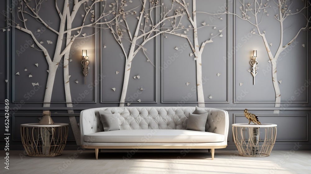 Poster a white couch sitting in front of a wall with trees on it. generative ai