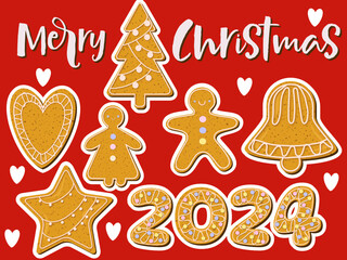 christmas gingerbread cookies Merry Christmas bell tree human heart tasty baked stickers 2024 new year on red background 