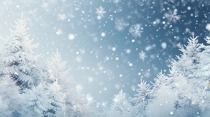 a horizontal snow scene with pine trees and falling snow with space for copy in a Winter-themed illustration as a JPG. Generative ai
