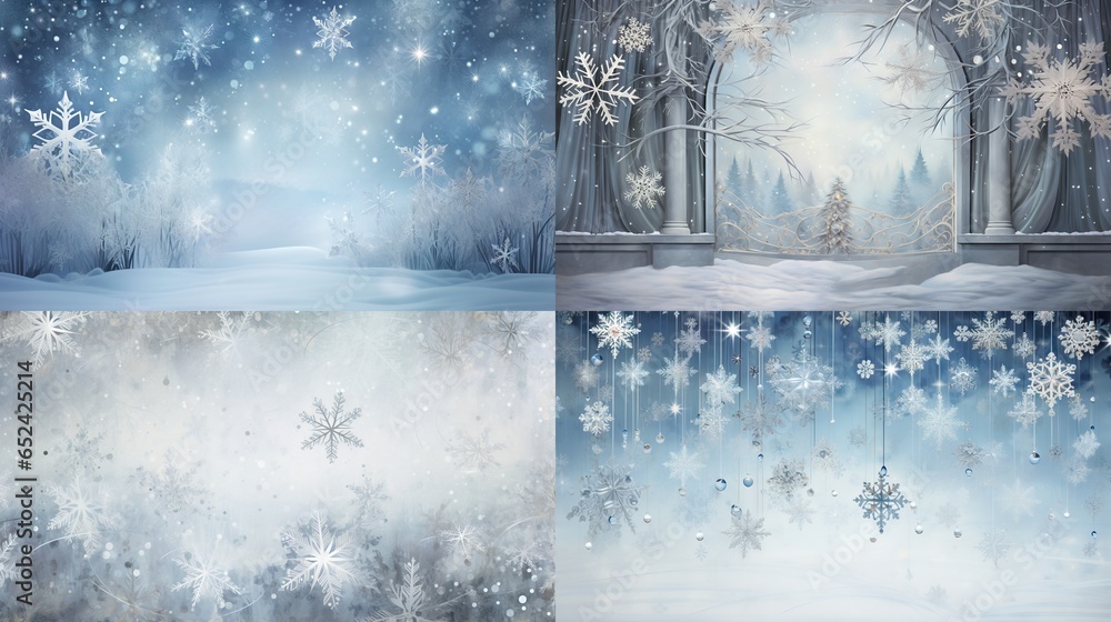 Poster a set of three winter scenes with snowflakes and a window. generative ai