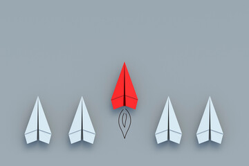 Staying ahead of your competitors. Accelerated development of the company. Innovation vision. Customized solution. Unique skills. Red paper plane and whites. 3d render