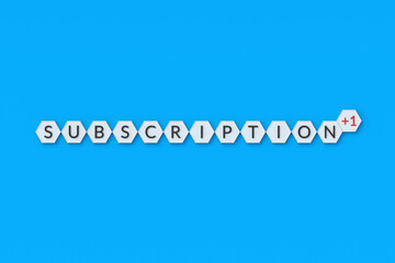 Naklejka premium Word subscription +1 on hexagons. Registration concept. Popularity of blogger, streamer. Join to community. Subscribing to an online newsletter. Social network statistics. 3d render