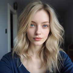 Fototapeta premium A captivating photo of a young woman with light ash blonde hair in soft sunlight. Beautiful woman with unique and elegant appearance in serenity and confidence.