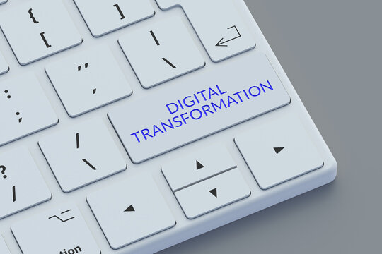 Inscription digital transformation on keyboard. Technological transformation. Modernization and optimization. System upgrade. Innovative solutions. Digitalization of business processes. 3d render