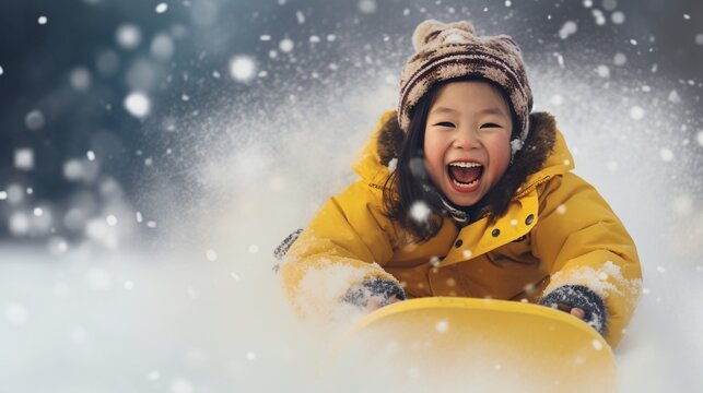 Happy Asian child in yellow down coat sledding in winter down a hill, on blurred winter forest or skiing resort background, with copy space, concept of family winter holidays.