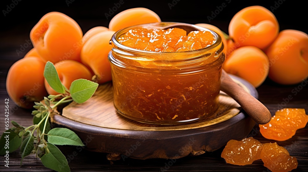 Poster a jar of honey with oranges and leaves around it. generative ai