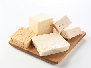 Soft tofu, medium firm tofu, firm tofu and dry tofu dices isolated on wooden tray on white background.