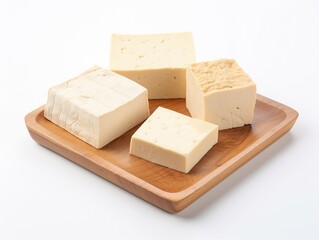 Soft tofu, medium firm tofu, firm tofu and dry tofu dices isolated on wooden tray on white background.