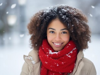Close up of a beautiful African American young woman with red scarf smiling on blurred snowy winter morning background, with copy space, snowing cold weather, flying snow flakes.