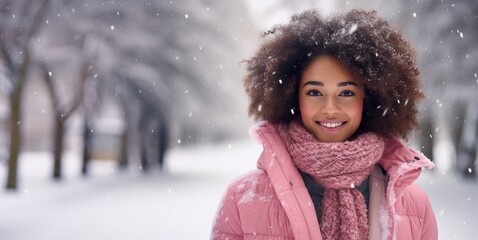 Portrait of black mixed race woman student with afro in pink coat standing in the snow and smiling, winter snowing happy holidays, white christmas, winter holiday concept.