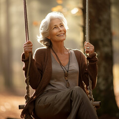 Gray-Haired Woman Sitting on a Swing in the  Forest