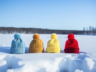 4 warm colorful beanies array in a line on soft snow covered ground on the background of skiing resort, red, yellow, blue, orange, family winter holiday concept. - obrazy, fototapety, plakaty