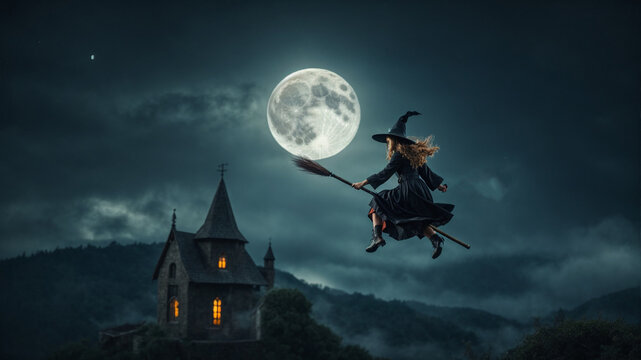 A witch flying on a broomstick across a full moon.