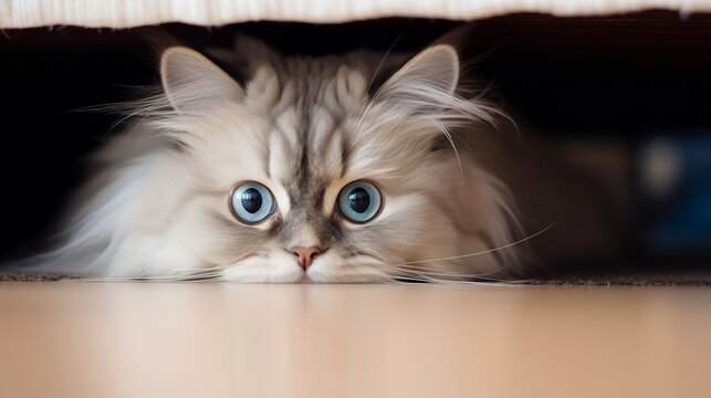 Cute curious ragdoll cat hiding under the bed and ready to hunt, playful and adorable furry friend, pet at home.