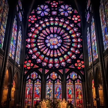 Rose stained glass window in cathedral of Notre Dame