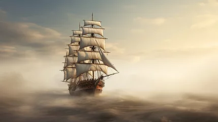 Poster Im Rahmen Backlit sails of a traditional tall ship on the atlantic © Jasper W