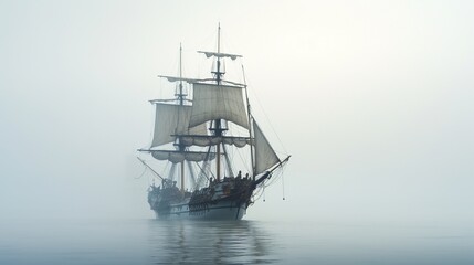 Fototapeta na wymiar Vintage Frigate sailing into a fog bank