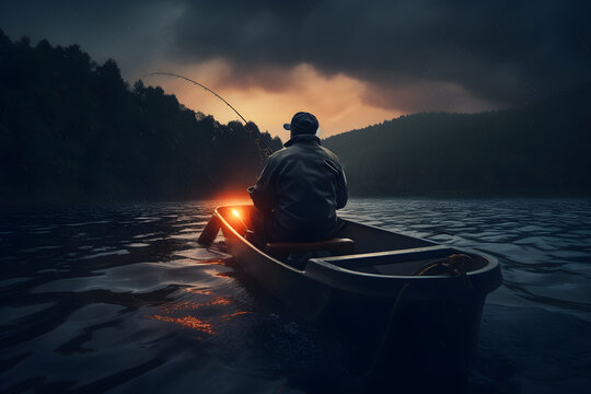 river fishing in boat at dawn, cinematic photography